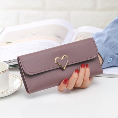 New Cute PU Leather Heart-Shaped Decoration Long Multi-Card Purse Buckle Clutch Mobile Phone Student WomenS Wallet