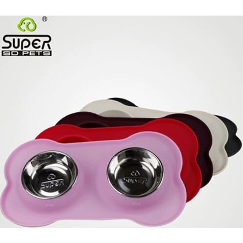 Super dog bowl Pet supplies Stainless steel dog bowl The cat silicone double bowl dog basin water bowls bone black S size