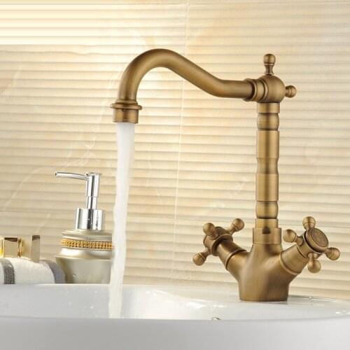 Vintage Brass Bathroom Sink Antique Brushed Basin Faucet Deck Mounted Tap Dual Handles Hot and Cold Water Mixer Tap torneira