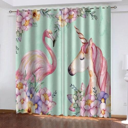 Pink Flamingo Window Curtains,Rainbow Unicorn for Living Room Kids Cartoon Bedroom Curtain Floral Window Treatment Drapes