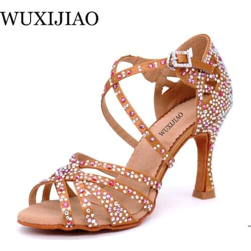 WUXIJIAO Women Salsa party Ballroom shoes Latin dance shoes big small rhinestone shining Bronze Skin Black satin Cuba heel 9cm