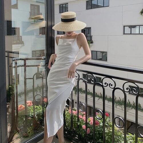 White dress summer Women Satin Spaghetti Strap Dress Sexy Split irregular Solid Slim Lady Temperament Backless long Dresses