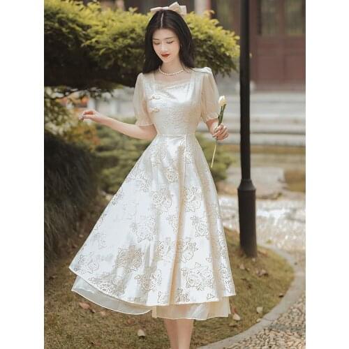 French Retro Temperament Square Neck Dress Vestidos Summer Puff Sleeve Chiffon Crochet Hollow Chic Lace Dresses