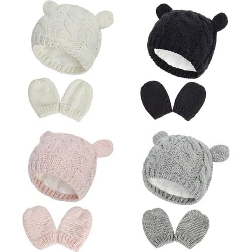 Winter Warm Baby Hat Gloves Knitted Warm Baby Boy Girl Hat Beanie Solid Color Ear Protection Infant Kids Children Cap