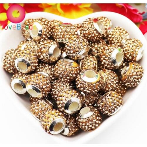 20Pcs Gold Polymer Clay Crystal Rhinestone Rondelle Spacer Beads Big Hole Round Fit Original European Slider Pandora Bracelet