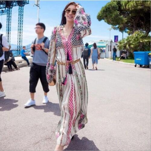 2021New Autumn Female Bohemian Full Dress Beach Holiday Print Beach Dress