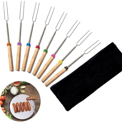8 pcs/set BBQ Fork Marshmallow Roasting Sticks Extending Roaster Set Telescoping Skewers 32 Inch Fire Pit Camping Cookware