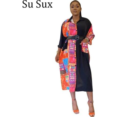 Africa Clothing Casual Shirt Dress African Dresses For Women Turn Down Collar Long Dress Print Patchwork Black Blouse( no belt)