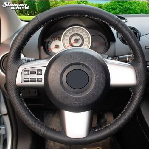 Shining wheat Hand-stitched Black Leather Car Steering Wheel Cover for Mazda 2 2008-2014