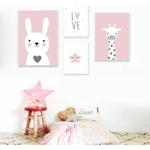 Nursery Animal Poster Pink Rabbit Graffe Star Nordic Wall Art Pictures Print Canvas Painting Baby Room Decoration Home Decor