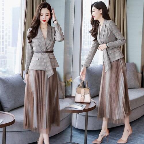 Elegant Net Skirt Suits women skirt with suit Plaid blazer skirt set Women suit Office lady skirt and suits jacket 2 piece set
