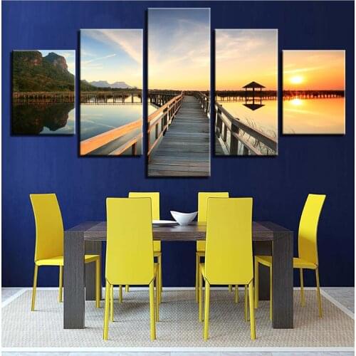 HD Painting Wall Art Printed Canvas 5 Panel Wooden Bridge Landscape Living Room Home Decor Modern Pictures(No Frame
