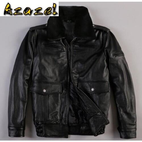 Thick cowhide leather motorcycle jackets Men slim short warm cotton coat fur collar genuine leather Outerwear flight suit coat