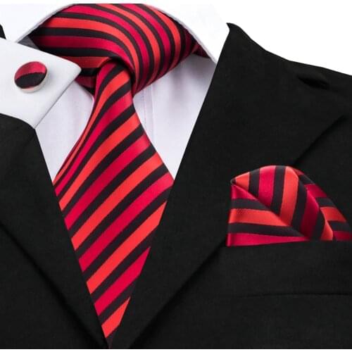 Men Tie Red Black Stripe Necktie Hanky Cufflinks Fashionable Mens Tie Set Formal Business Wedding Party C-219