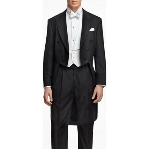 Black Wedding Man Tail coat for Groom with Double Breasted 3 Piece Formal Prom Wear Male Fashion Suits Jacket Vest Pants