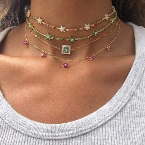 2021 New Fashion Rainbow Color Cute Star CZ Bar Link Chain Choker Necklaces For Women Geometric Charm Delicate Christmas GIft