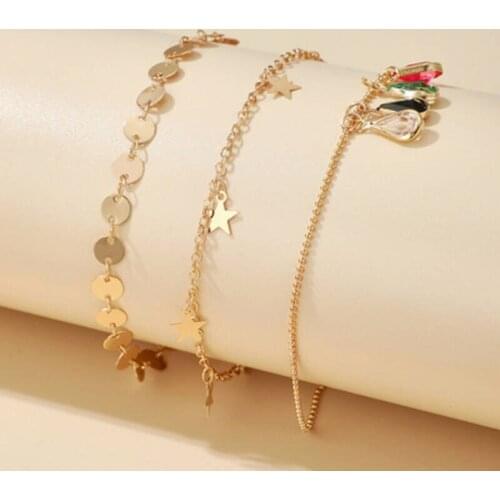 New Trendy Color Inlaid Water Drop Rhinstone Disc Five-Pointed Star Anklet 3-Piece Personality Simple Sweet Anklet Accessories