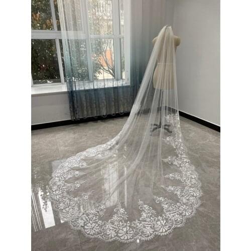 One Layer Lace Ivory Bridal Wedding Veils With Comb White Tulle Cathedral Veil for Brides Wedding Accessories 3 Metres 1T Velos