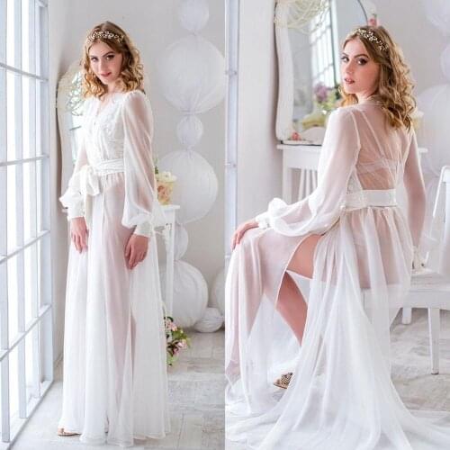 Sexy Side Split Bridal Robes Women Sleepwear Honeymoon Lingerie Chiffon Robe Long Sleeve Bathrobe Nightwear Babydoll Boudoir