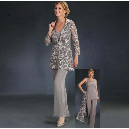 Gray Mother Of The Bride Dresses Sheath V-neck Chiffon Appliques With Jacket Pants Suit Long Groom Mother Dresses For Weddings