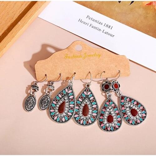 Vintage Bohemian Style Earrings 3-Piece Set Silver Color Drop Shape Colorful Geometric Pattern Decorative Pendant Earrings 2020