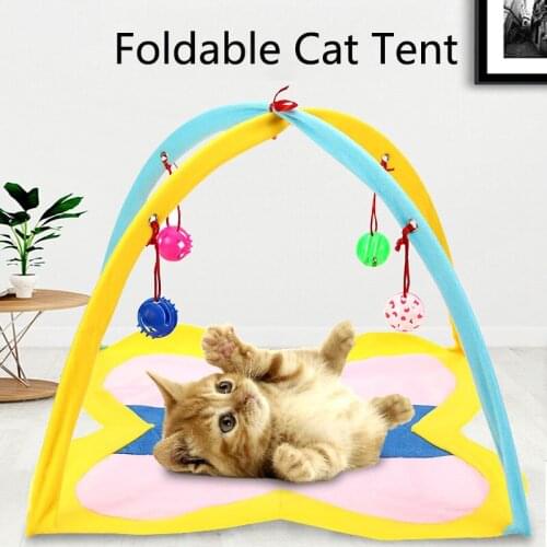 Foldable Cats House with Bells Colorful Pet Tent Interactive Cat Bed Cool Mat Little Dogs Blanket Comfortable House for Kitten