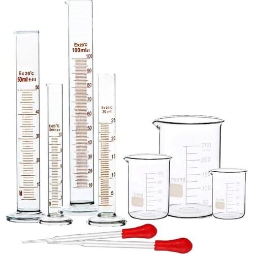 Glass Graduated Cylinder Set 10ml 25ml 50ml 100ml, Thick Glass Beaker Set 50ml 100ml 250ml with 2 Droppers
