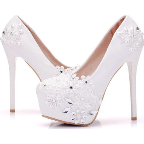 Crystal Queen New High Heels Bridal Wedding Shoes White Rhinestones Lace Wedding Pumps Shoe Spring Summer Bridesmaid Shoes