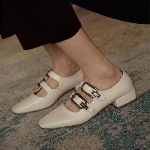 Buckle Square Toe Women Shoes Fashion Genuine Leather Shoes Woman Comfortable Oxford Shoes Women
