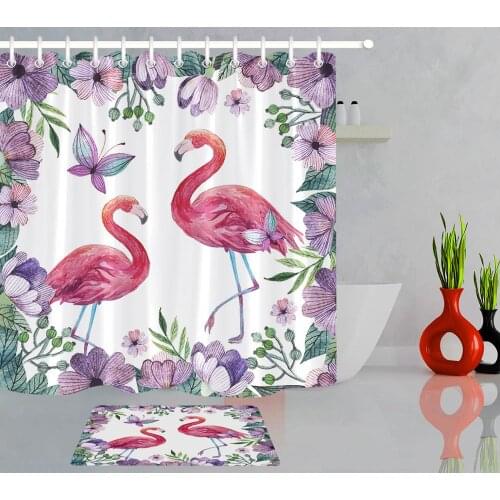 Watercolor Flamingo Shower Curtain Flower Butterfly Waterproof Polyester Fabric Bath Curtain For Bathroom With Hooks Floor Mat
