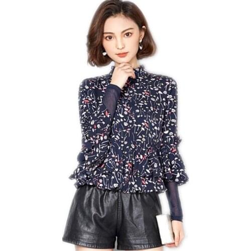 Prairie Chic Fashion Floral Women 2018New Chiffon Short Blouses Female Sweet Flare Sleeve Spring Stand-Collar Print Blouses Q008