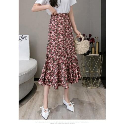 High Waist Mermaid Chiffon Skirt Women Flower Print Skirt Womens Summer 2021 Womens Floral Skirts A Line Korean Style