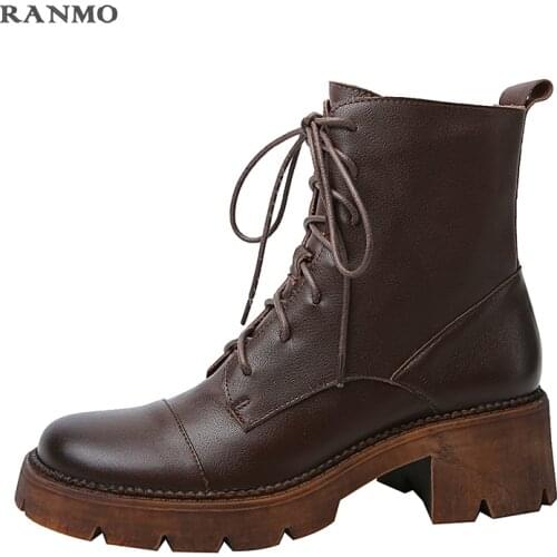 2021 High Quality Genuine Leather Women Ankle Boots High Heels Platforms Cross-Tied Zipper Motorcycle Boots Casual Shoes Woman