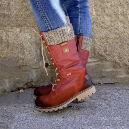 Women Mid-Calf Boots 2020 Winter Warm Punk Boots Side Zipper Boots Outdoor Non-Slip Boots Knitted Patchwork Ladies Booties