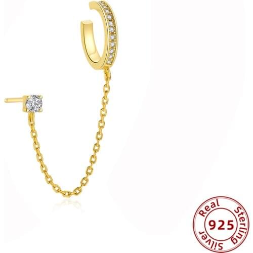 1pcs Punk Crystal Zircon Stud Earrings for Women Link Chain Piercing Earring Clip Geometric Ear Cuff 925 Sterling Silver Jewely