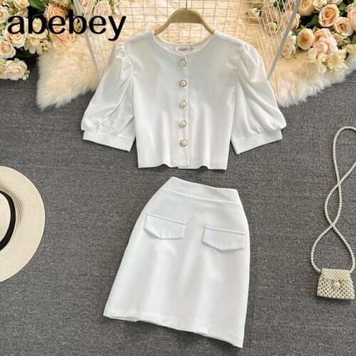 Women Summer Korean Set O Neck Short Sleeve Short Top+High Waist Slim Mini Pencil Skirt Two Piece Suit