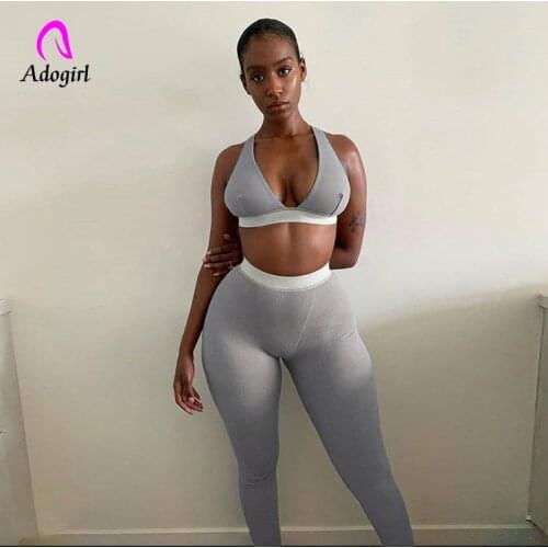 Fitness Sporty Women 2 Pieces Set Tracksuit Sleeveless V-Neck Tank Stretchy Leggings Ribbed Bra Bandage Solid Streetwear Outfits