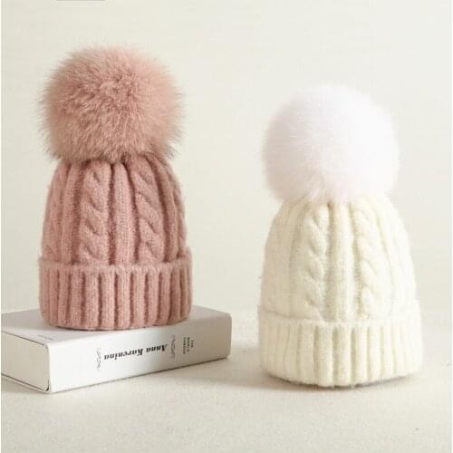 Winter Baby kids thicken woolen knitted hat Skullies Child boy and girl Real fur pompoms beanies caps twist pattern