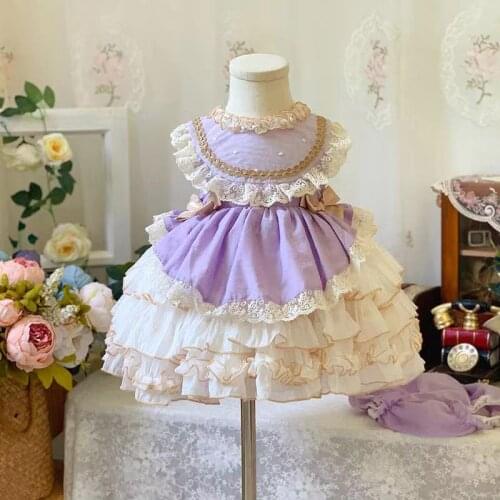 2PCS Summer Lolita Spanish Princess Purple Vintage Bow Ball Gown Sleeveless Dress For Bady Girls Birthday Party Turkey Easter