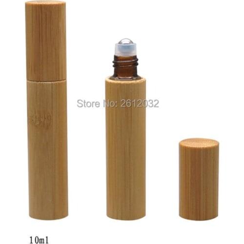 50pcs 10ml Travel Brown Glass Essential Oil Roll On Bottle Bamboo Shell Glass/Steel Roller Ball Eye Cream Vial F3447