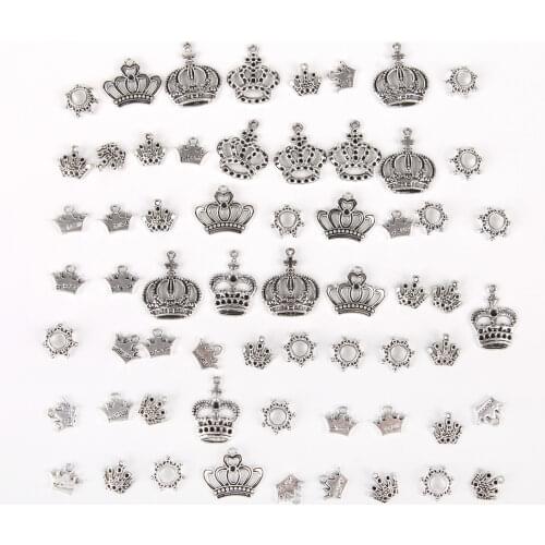 50pcs Tibetan Silver Mixed Styles Princess Crown Beads Charms Pendants DIY Jewelry for Necklace Bracelet Making Accessories