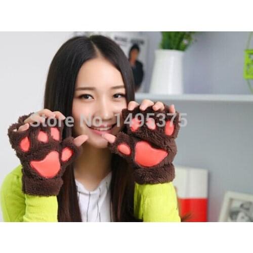 60pair/lot Fluffy Bear/Cat Plush Paw/Claw Glove-Novelty Halloween soft toweling ladys half covered gloves