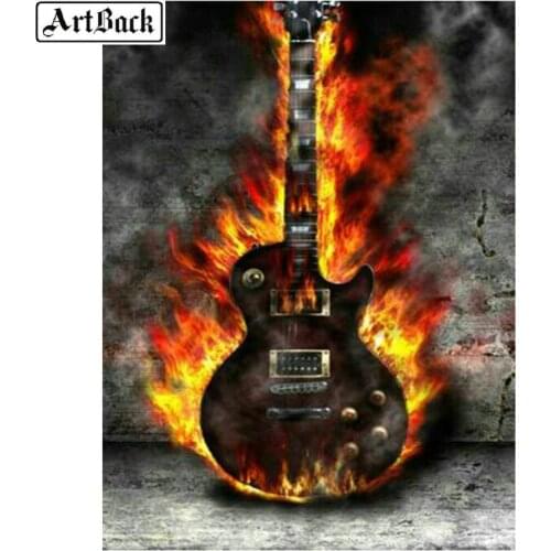 Music icon diamond painting fire guitar pattern full square landscape sticker diy 5d diamond mosaic 40x50cm