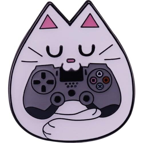 Cat Holding Gamepad Brooch Gaming Kitty Enamel Pin Animals with game controller Jewelry