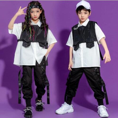 Kids Cool Hip Hop Clothing White T Shirt Tops Sleeveless Jacket Streetwear Tactical Cargo Pants For Girls Boys Dance Costumes