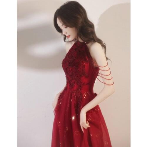 Women Burgundy Sleeveless Long A-line Tulle Evening Dress Appliques Beading Prom Dress Plus Size Toast Gowns