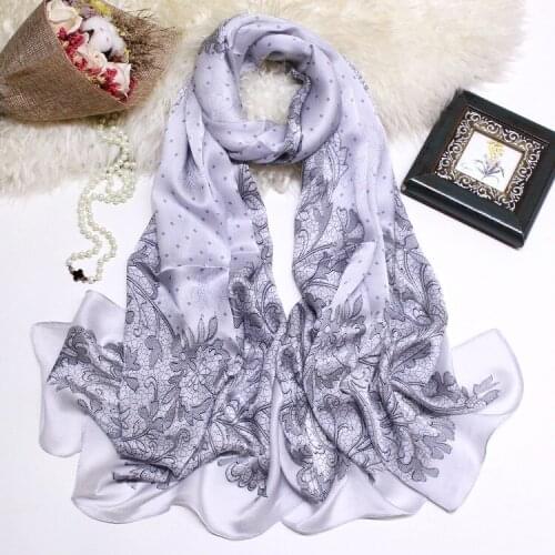 Grey Lace Wave Point Printed Elegant 100% Silk Georgette Scarf All-season Pashmina Scarves Women Accessory Drop Shipping ZSCJ41