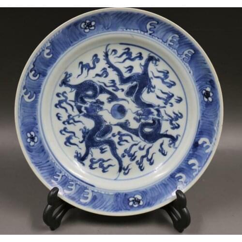 Chinese Old Blue and White Dragons Play Pearl Pattern Porcelain Plate