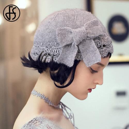 FS Cashmere Beanie Hat For Women 2020 Autumn Winter Skullies Fashion Warm Bow Hats Skullies Cap Gorros Female Caps Black Gray