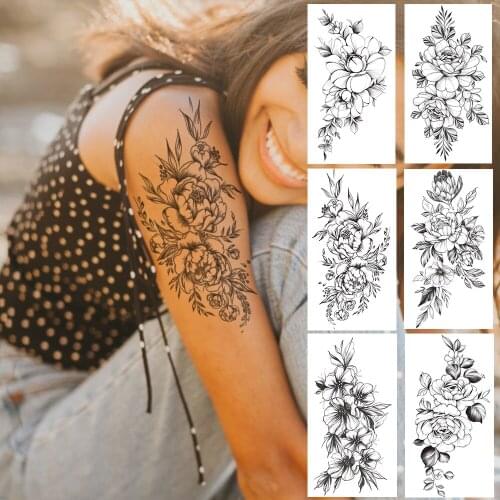 Daisy Fake Temporary Tattoo For Women Sweatpea Flower Tattoos Sticker Large Lily Floral Camellia Waterproof Tatoos Body Arm Hand